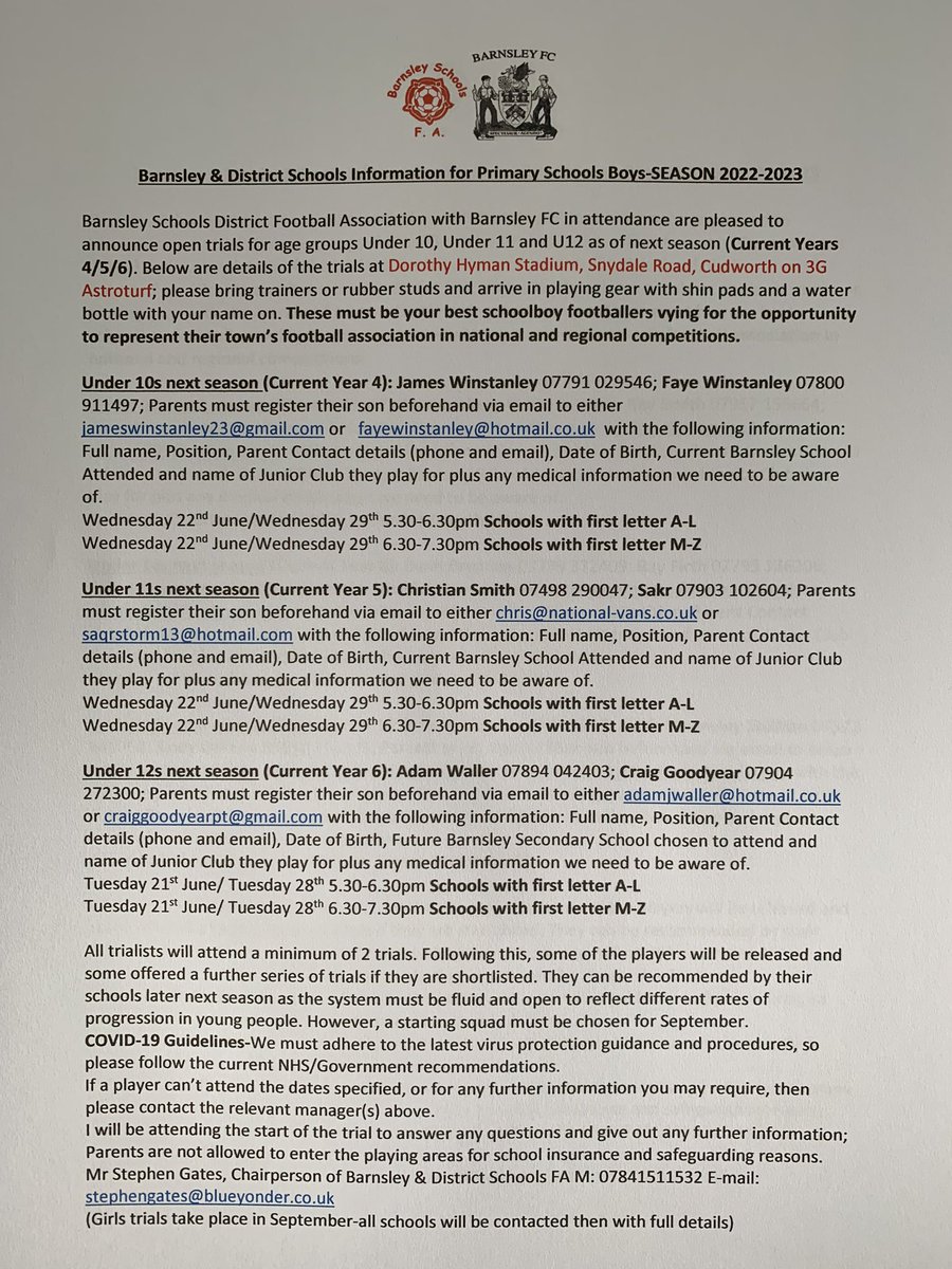 BarnsleyFa's tweet image. At last, the wait is over. See the information regarding the forthcoming schoolboy trials (girls to follow in September). It’s important to:
1-Register with the staff concerned 
2-Ensure your school is informed as these are elite player trials
Steve Gates, Chairperson 07841512532