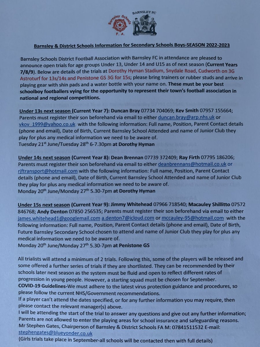 BarnsleyFa's tweet image. At last, the wait is over. See the information regarding the forthcoming schoolboy trials (girls to follow in September). It’s important to:
1-Register with the staff concerned 
2-Ensure your school is informed as these are elite player trials
Steve Gates, Chairperson 07841512532