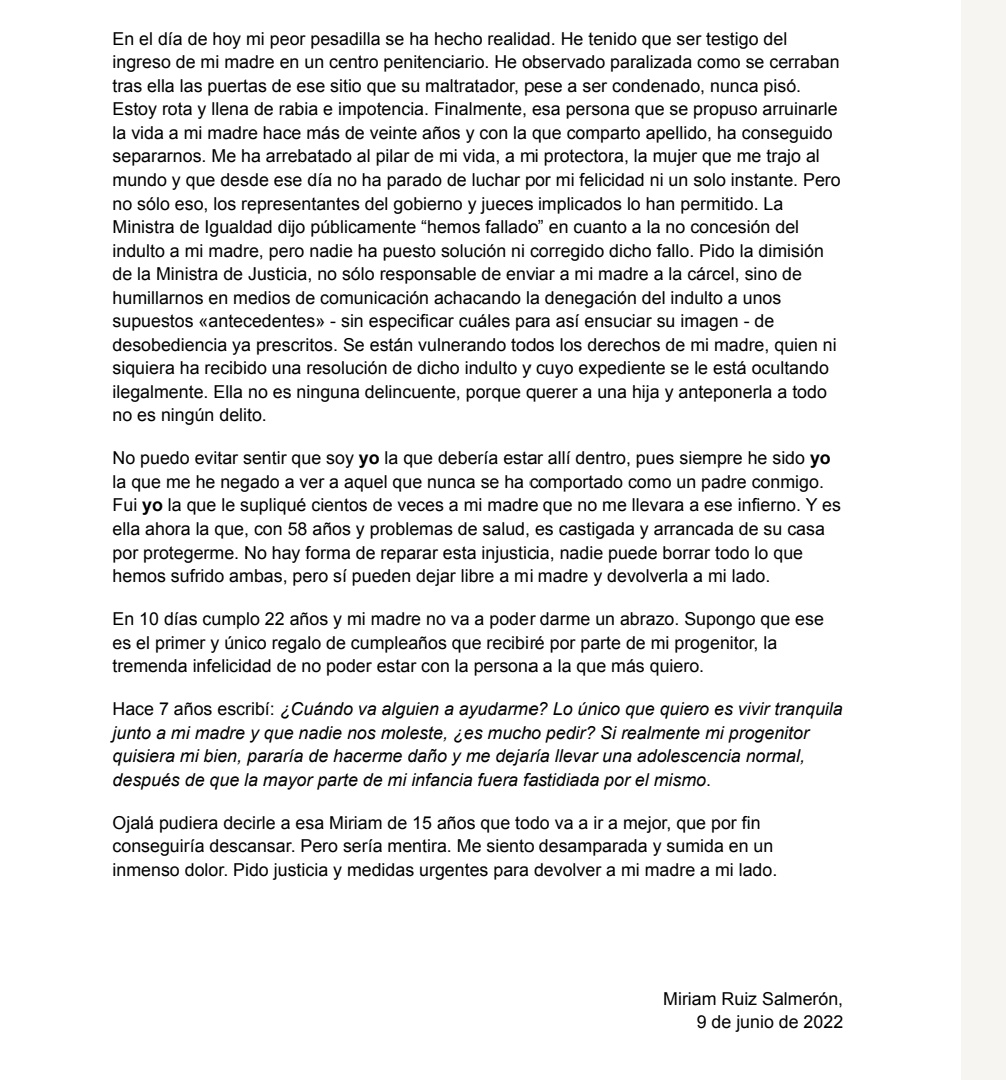 Compartimos las palabras de la hija de <a href="/Maria_Salmeron8/">María Salmerón</a> tras el ingreso en prisión de su madre. Léetelas bien @pilar_llop, esta desesperación es lo que provoca tu justicia patriarcal. Justicia, libertad y reparación para María Salmerón!
#MariaSalmeronLibertad