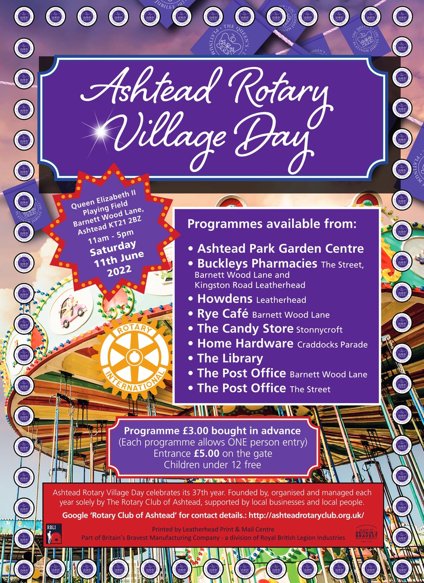Last chance to buy £3 reduced price tickets for Ashtead Rotary Village Day on 11th June! Tickets will be in the local retailers until Friday afternoon. Under 12s go free and tickets are £5 on the gate. 
Preparations are already underway on the field and look at that blue sky! ☀️