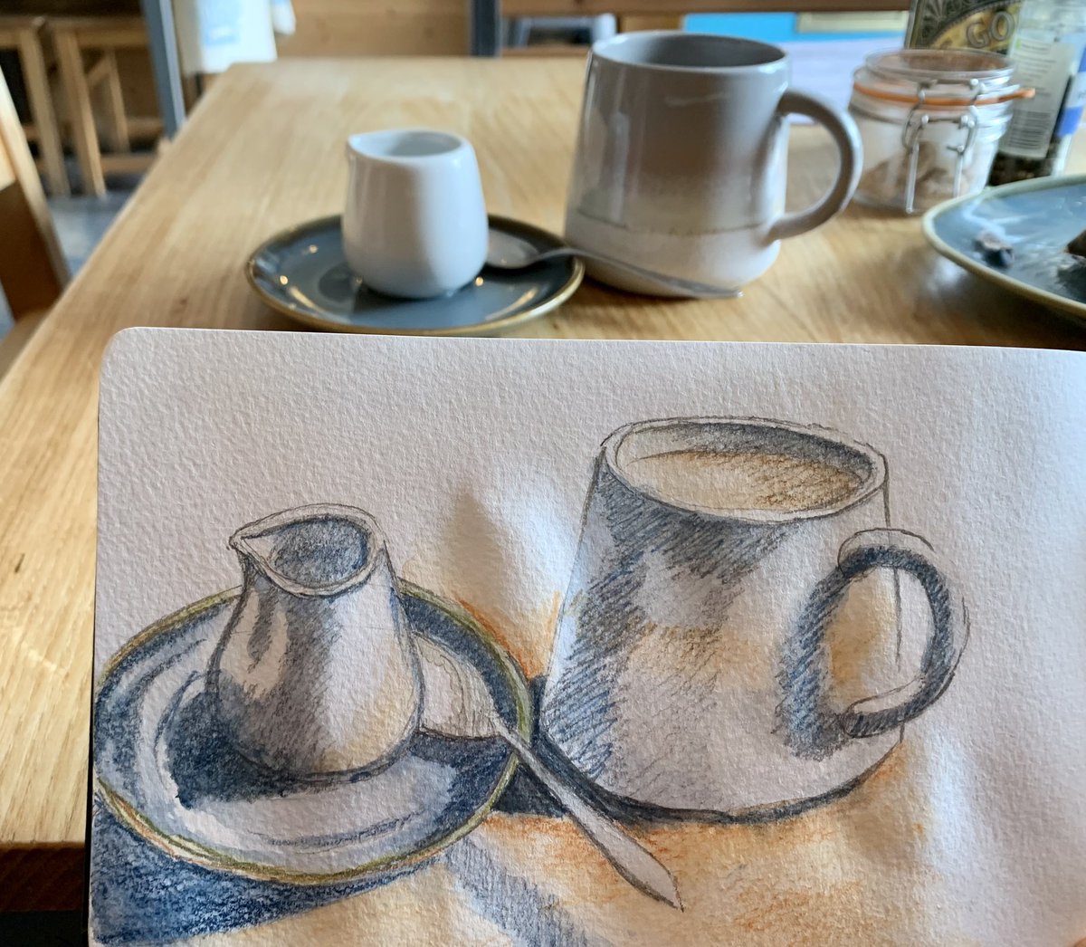 Lunch &amp; sketching in <a href="/LittleChamonix/">Little Chamonix</a> cafe with graphite pencils &amp; watercolour pencils bought earlier in Keswick <a href="/pencilmuseum/">Pencil Museum</a> 😃🎨