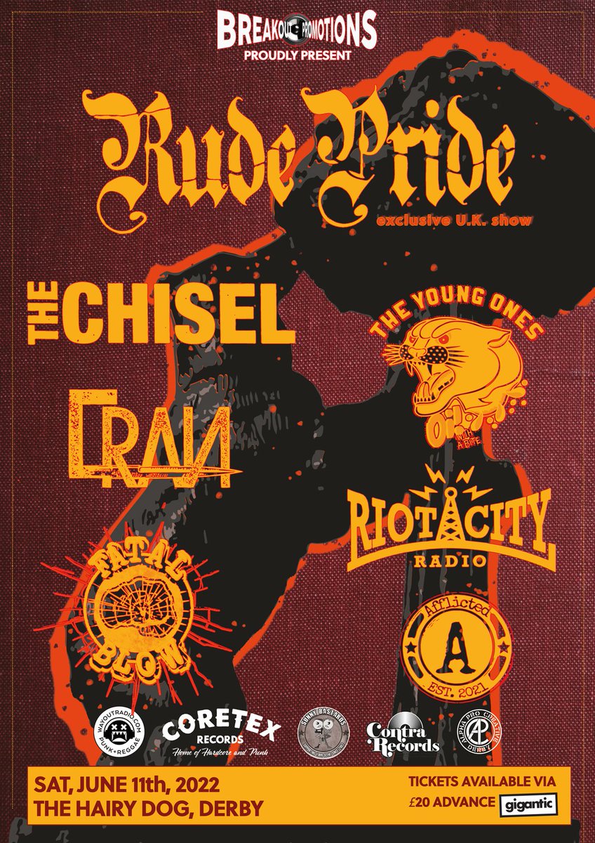 Don't miss out!! @RudePride EXCLUSIVE UK SHOW!! Support from The Chisel, The Young Ones, Cran, Riot City Radio, Fatal Blow & Afflicted Saturday 11th June - 5pm Doors hairydogvenue.co.uk
