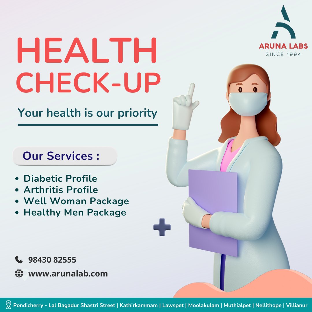 arunalab's tweet photo. Your health is our priority. Check out our Health Check-Up Packages
Services
- Diabetic Profile
- Arthritis Profile
- Well Woman Package
- Healthy Men Package
+91 9843082555 https://t.co/Zhdje2D1ZE
#arunalab #homecollection #resultwithin8hours #Bloodtest #sugartest #healthcheckup https://t.co/6OL6AytVA6
