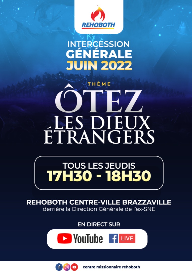 CmRehoboth's tweet photo. Suivez-nous, ce soir et tous les jeudi de la semaine, en direct sur YouTube et Facebook, à partir de 17h30, au Centre Missionnaire Rehoboth, assemblée du Centre-ville, Brazzaville. #Intercession générale sous le thème "Ôtez les dieux étrangers." #rehoboth #jesuschrist https://t.co/fCXtOxv6H4