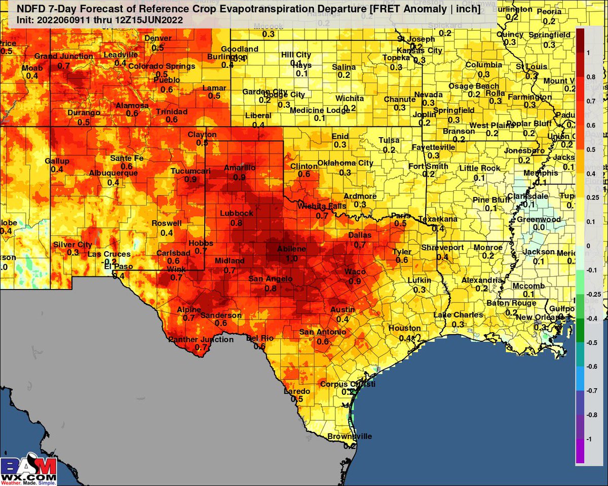 bam_weather's tweet photo. Texas drought issues only get worse in the coming week. 

Not only will they be dealing with record heat almost daily, but little to no moisture for most of the state will lead to crops losing 0.5 -1” more moisture than normal the next 7 days. #AGwx #TXwx #Wheat #Corn #Cotton https://t.co/IlbgmfBIyU