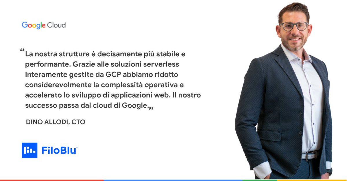 GoogleCloud_IT's tweet image. .@FiloBlu, attivo nella crescita del business online attraverso strategie omnichannel per una #shoppingexperience di livello superiore, ha scelto le soluzioni #GoogleCloud ☁️ Ne parleremo all'evento del 15 giugno a Milano ⏰  goo.gle/GoogleCloud4It…

#GoogleCloudItalia