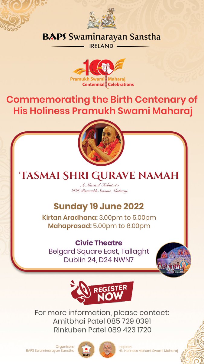 bapsireland's tweet photo. PRAMUKHSWAMI MAHARAJ CENTENNIAL CELEBRATIONS, DUBLIN, IRELAND

FREE Registration
https://t.co/Uawdci0fnb

Use the Promo Code: PSM100

#baps #musicaltribute #bapsinireland #neasdentemple https://t.co/MWOYZOXzvs