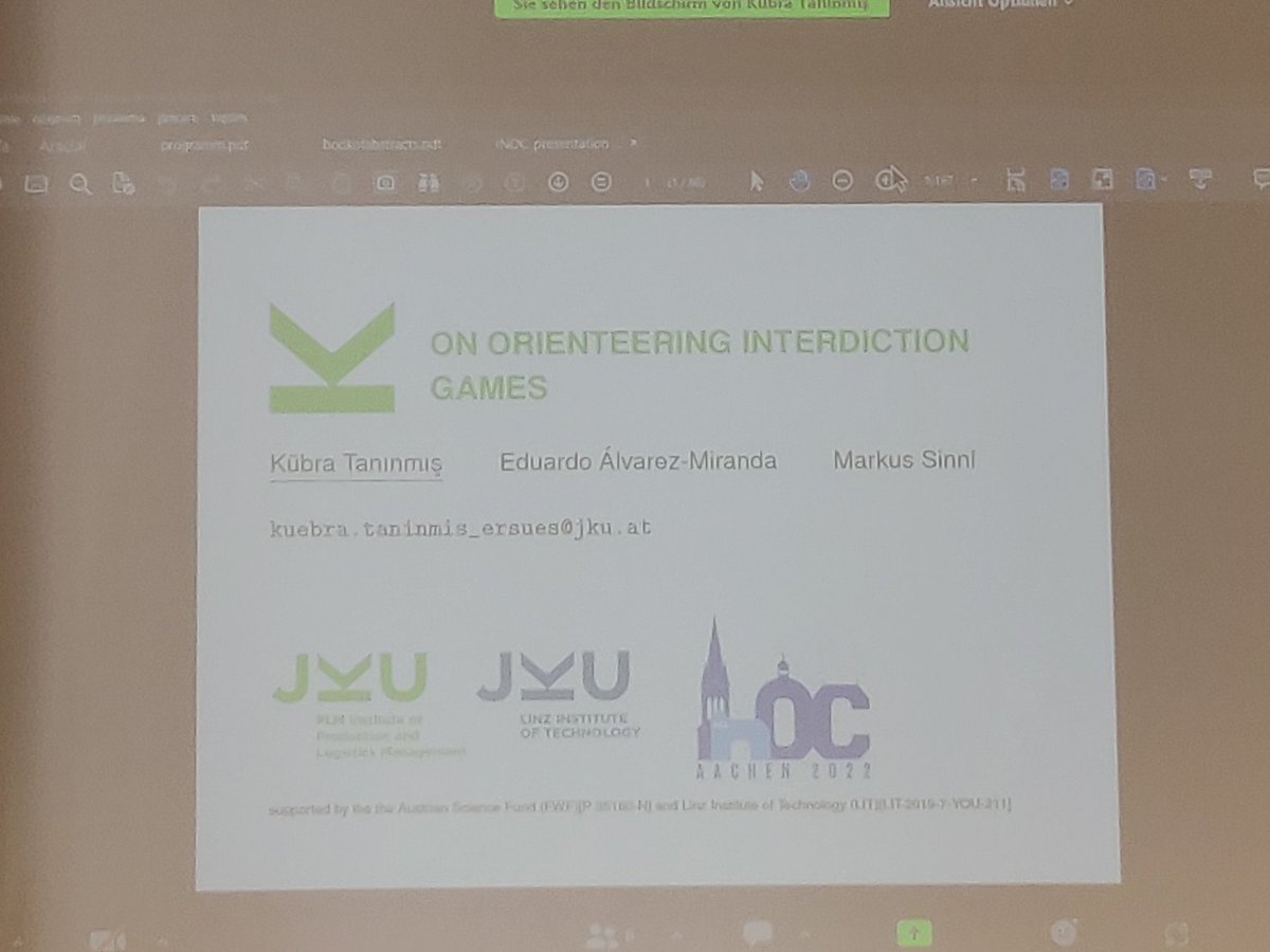 .<a href="/kubrataninmis/">Kübra Tanınmış</a> with a talk about orienteering interdiction games at <a href="/inoc2022/">inoc2022</a> #orms
