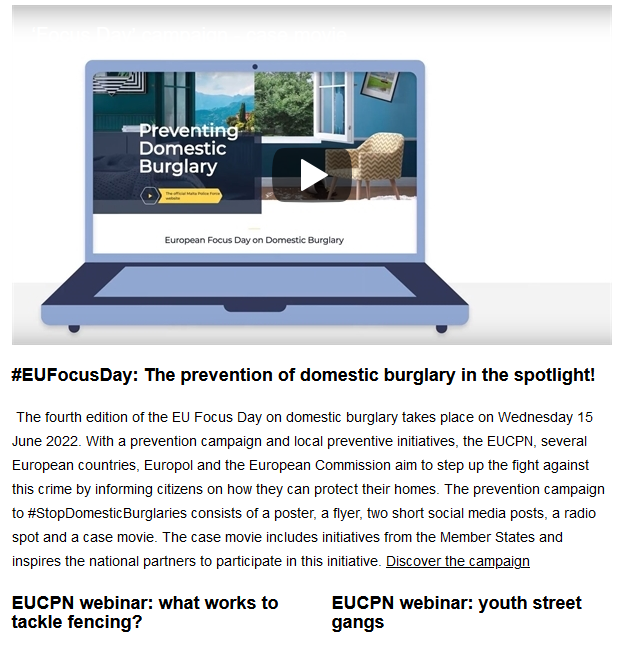 EUCPN's tweet photo. Our #newsletter of June puts the #prevention of domestic #burglary and youth street gangs in the spotlight 👉 visit https://t.co/t7WXYJuRw0 to read the latest issue and subscribe in the footer of our website to receive our monthly updates!

#EU #crimeprevention #crime #EUFocusDay https://t.co/rGAHPWUNb1