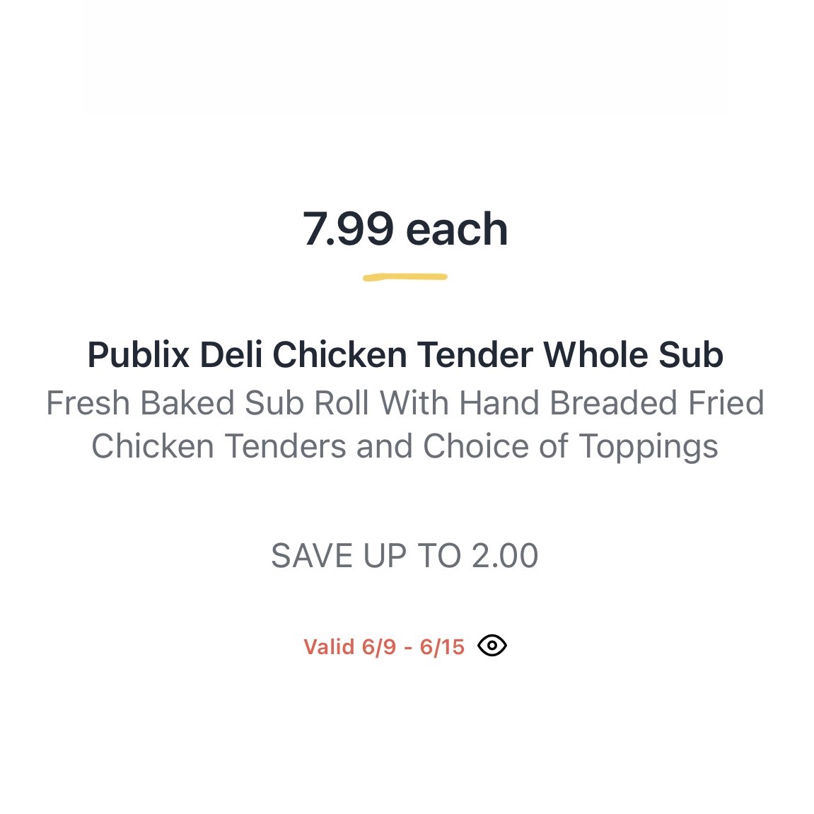 PubSubs_on_sale's tweet photo. 🚨 Yes!

Publix Chicken Tender subs are $7.99 (6/9-6/15). https://t.co/6kRjwfQOvB