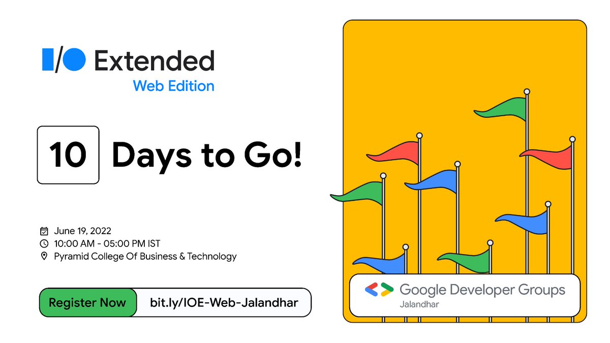 GDGJalandhar's tweet image. 🚨 The countdown has begun.

📢 Only 10 days left for the IO Extended Jalandhar #WebEdition.

🗓️ Save the date: 19th June, 2022

🔗 Now is the time to register:
bit.ly/IOE-Web-Jaland…

#IOExtended #IOExtendedJalandhar