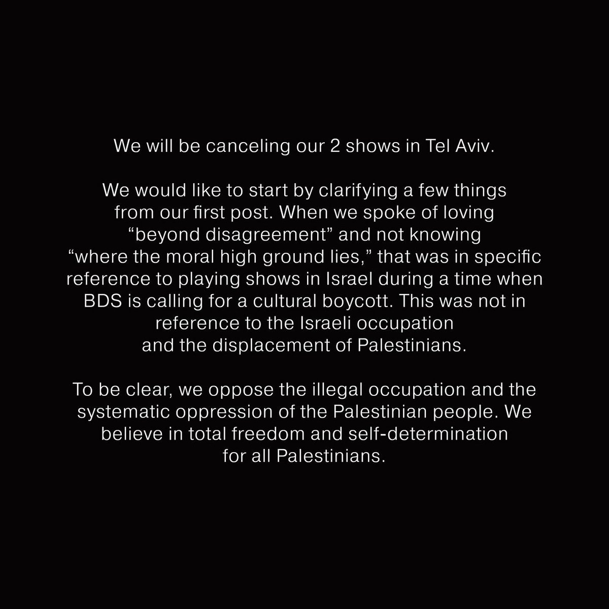 bigthiefmusic's tweet photo. We will be canceling our 2 shows in Tel Aviv. https://t.co/ocSFtgnYz4