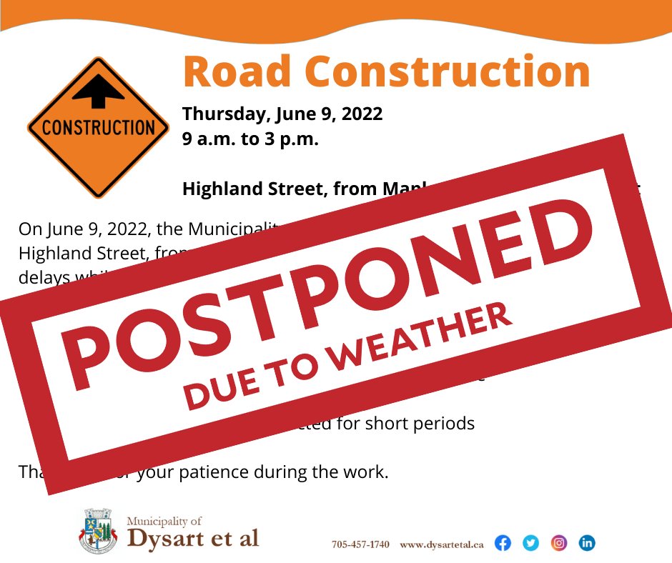 Due to the weather, the micro-surfacing scheduled for Highland Street on Thursday, June 9, 2022 has been postponed. Another date for this important road work will be announced in the near future. Thank you for your patience.