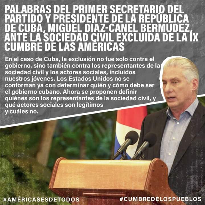 Nuestro #Presidente @DiazCanelB en sus palabras fue muy claro y preciso Que nadie tiene porque decidir por nosotros.
Viva Cuba 
#AmericaEsDeTodos 
#CumbreDeLosPueblos 
#CumbreSinExclusiones