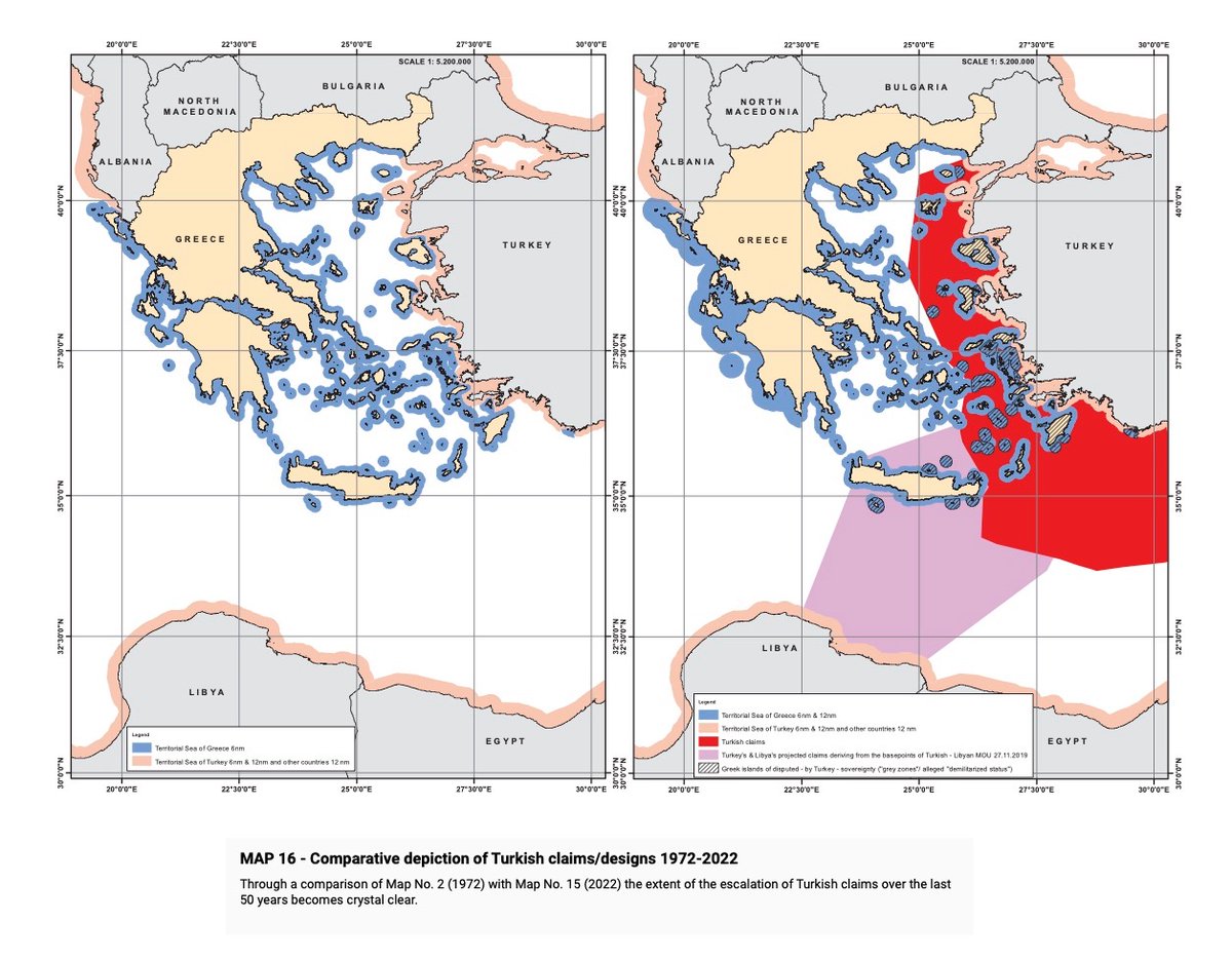 The Greek MFA has published a series of maps (in English) that show the evolution of Turkey’s illegal and irrational claims against Greece and expose the threatening nature of Turkish expansionism. THREAD mfa.gr/en/current-aff…