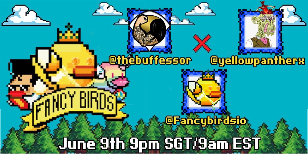 🌟 <a href="/Fancybirdsio/">Fancy Birds Official</a> Giveaway 🌟

<a href="/AxieBoss/">TAMG.eth | The AxieMafia Gang 💣🪓💀</a> has generously agreed to raffle away a bird during our Spaces tonight. 

How to win: 
✅ Follow <a href="/AxieBoss/">TAMG.eth | The AxieMafia Gang 💣🪓💀</a> &amp; <a href="/Fancybirdsio/">Fancy Birds Official</a> 
✅ Tag 3 Friends, Like, Retweet
✅ Tune in tonight at 9pm SGT

Will pick winner during the Space.