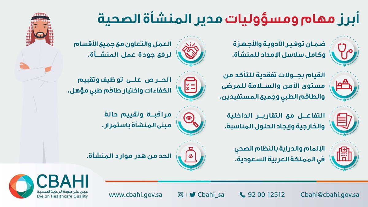Cbahi_SA's tweet photo. تعرّف على أبرز مهام ومسؤوليات مدير المنشأة الصحية 👏🏻

#سباهي 
#المنشآت_الصحية
#معايير_سباهي https://t.co/Kod3VlYkdv