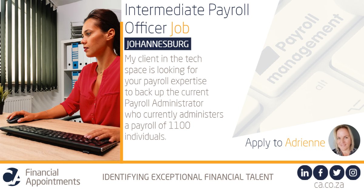 CArecruitment's tweet photo. My client in the tech space is looking for your #payroll expertise to back up the current Payroll Administrator - Adrienne
https://t.co/uACgoUaIB8 

#JHBjobs #CAjobs #JobSearch #PayrollJobs #FinanceJobs #JobSeekersSA #CAFinancialAppointments #JoburgJobs #AccountingJobs #Job #Jobs https://t.co/TSrtXqPA98