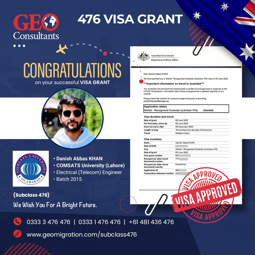 GEOmigration's tweet photo. VISA 476 is on the priority list now 📢 Australian immigration minister has ordered the Department of Home Affairs to fast-track visas to address a shortage in skilled workers.

Congratulations to Engr. Danish Abbas KHAN on his VISA 476 Grant today, 09 June 2022. 🎉
#subclass476 https://t.co/0PUZvL6ga7