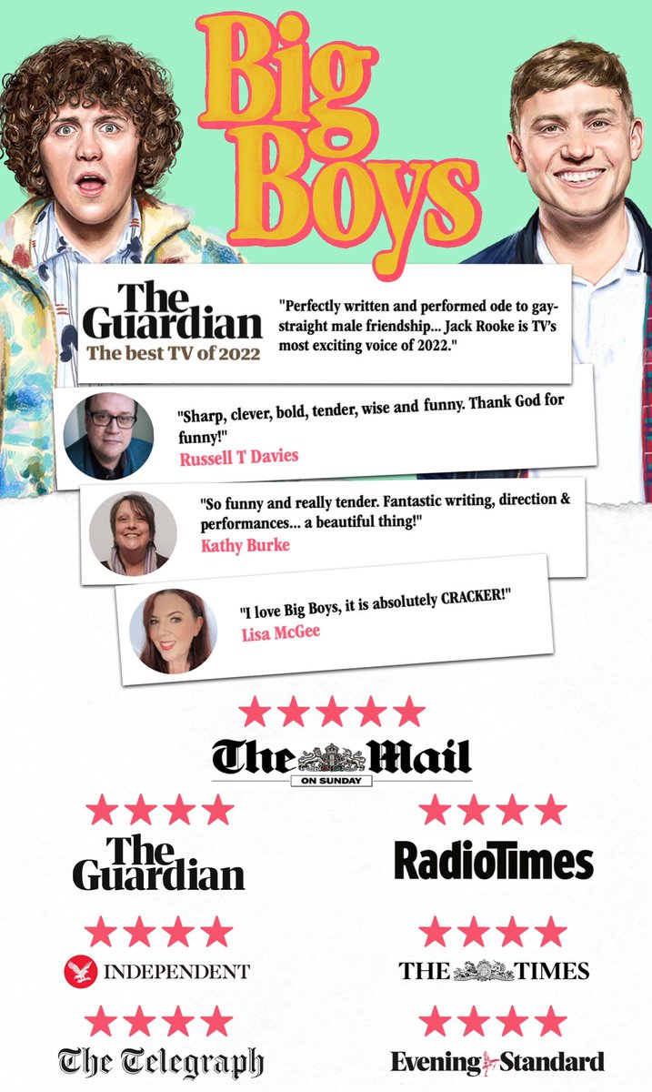 Today’s the day! After five long years the final two episodes of #BigBoys air tonight 10pm on <a href="/Channel4/">Channel 4</a> 🙌

<a href="/Djllewellyn/">Dylan Llewellyn</a> &amp; <a href="/JonPointing/">Jon Pointing</a> are at the top of their game in these.
Ep 5 is about platonic love, romantic love &amp; shagging
Ep 6 is the proudest thing I have ever written 😭🥰