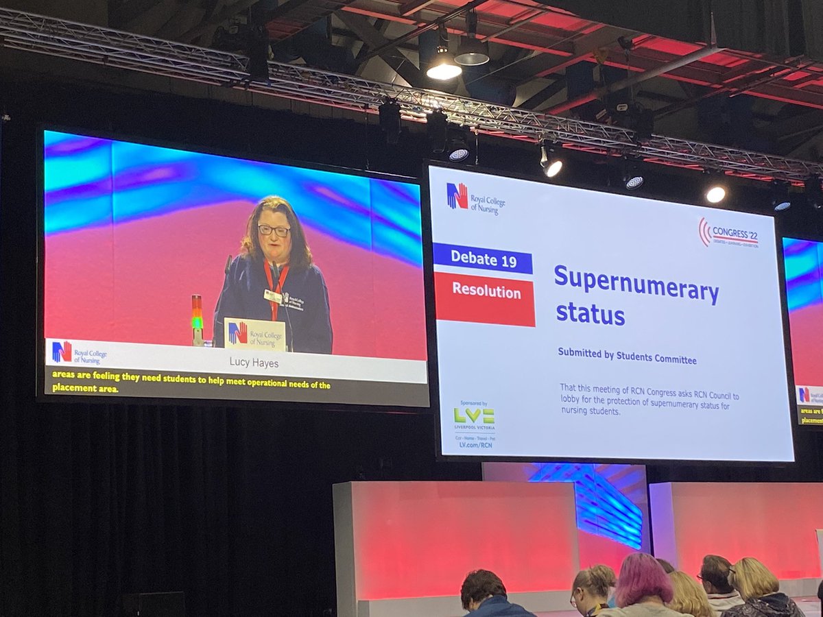 Next time of the morning:
Supernumerary Status - Council to lobby for the protection of supernumerary status for nursing students.
From @RCNStudents Committee

#RCN22 #RCNCongress22