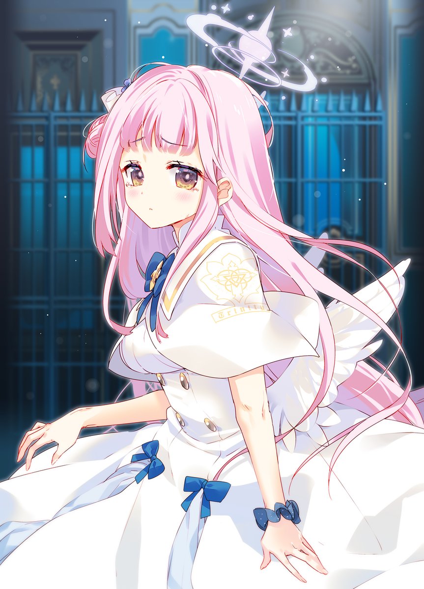 mika (blue archive) 1girl pink hair solo long hair halo wings dress  illustration images