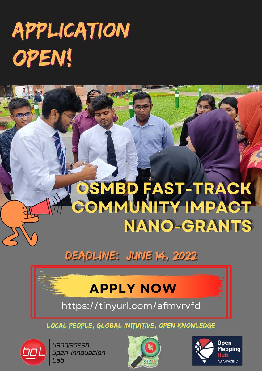 Bangladesh Open Innovation Lab (BOIL) (@boiledbhoot) on Twitter photo <a href="/BoiledBhoot/">Bangladesh Open Innovation Lab (BOIL)</a> is initiating the <a href="/osmbd/">OSM Bangladesh</a> Fast-track Community Impact Nano-grant'2022 supported by <a href="/openmapping_ap/">Open Mapping Hub - Asia Pacific</a> & <a href="/hotosm/">Humanitarian OpenStreetMap Team</a>! Groups/ Teams from the mapping community in Bangladesh with project ideas or research activities incorporating open mapping can Apply.
forms.gle/xGuSUYHgmTYivd… <a href="/BoiledBhoot/">Bangladesh Open Innovation Lab (BOIL)</a> is initiating the <a href="/osmbd/">OSM Bangladesh</a> Fast-track Community Impact Nano-grant'2022 supported by <a href="/openmapping_ap/">Open Mapping Hub - Asia Pacific</a> & <a href="/hotosm/">Humanitarian OpenStreetMap Team</a>! Groups/ Teams from the mapping community in Bangladesh with project ideas or research activities incorporating open mapping can Apply.
forms.gle/xGuSUYHgmTYivd…