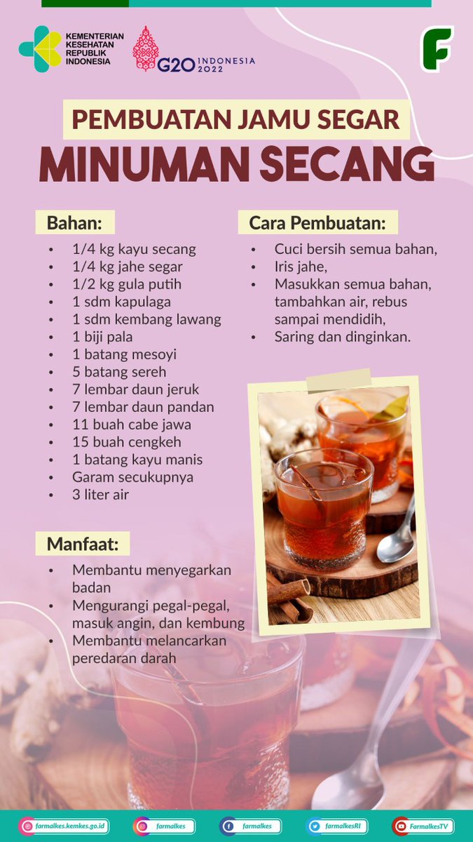 farmalkesRI's tweet photo. Hai Sobat Sehat,
Jamu adalah minuman asli Indonesia yang punya banyak manfaat untuk tubuh kita.
Salah satu jamu yang bisadicoba adalah Jamu Minuman Secang.
Coba yuk!
#KemenkesRI #FarmalkesRI #BugarDenganJamu #RamuanTradisional #Secang #JamuTradisional #JamuAlami #JamuSehat https://t.co/DgXyCV0cKI