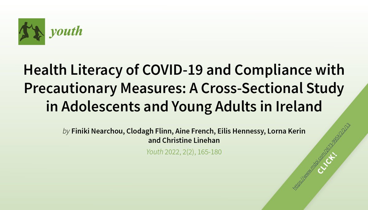 Youth_MDPI's tweet photo. 👏#CallforReading #highlyaccessed
Welcome to read our feature paper on young people's #healthliteracy and adherence to precautionary measures during #COVID19 by our EBM Dr. @NearchouNiki and her colleagues
👉https://t.co/FJuXX2gpjU
#publichealth @UCDPsychology @UCD_Research https://t.co/dk55Zqw52d