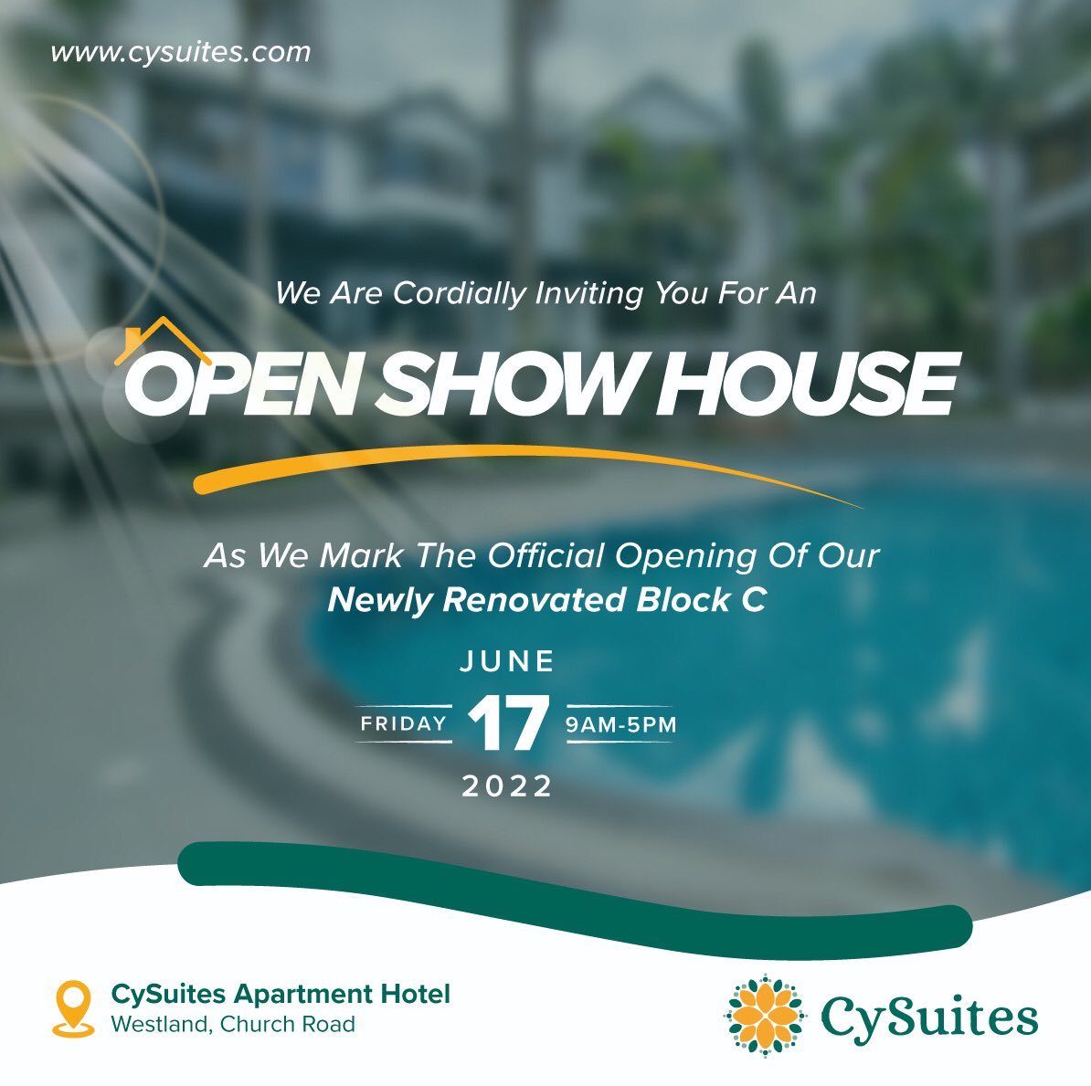 CysuitesHotel's tweet photo. We are pleased to inform you of our newly renovated block at CySuites and would like to take this opportunity to invite you to attend the official open house event on Fri, 17/6/2022
Doors open at 9am – 5pm. Bitings will be provided
📍Church Rd, Westlands
#Cysuites #OpenHouse https://t.co/h8RXkKWO5X