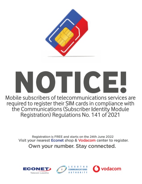 YourKayBol's tweet photo. @official_lca, @econetlesotho @VodacomLes have published a NOTICE that mobile subscribers of telecommunications services are required to register their SIM Cards.
Registration is free and starts on the 24th June 2022.
Visit your nearest Econet shop or Vodacom centre to register. https://t.co/t8uRMvFT4V