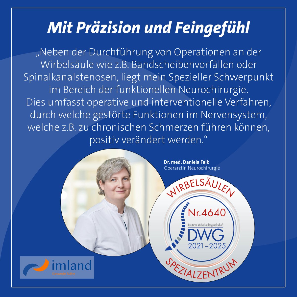 Das häufigste Symptom bei Wirbelsäulenerkrankungen sind Schmerzen. 
Wenden Sie sich bei Fragen vertrauensvoll an die imland Kliniken!👍👍

#imlandklinik
#Wirbelsäulenzentrum
#wirbelsäule
#neurochirurgie
#schmerzen