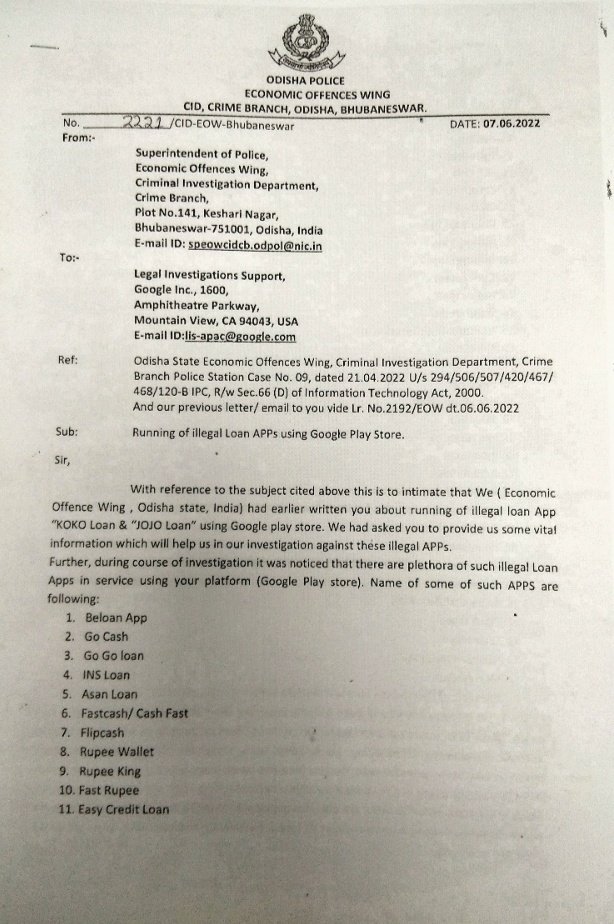 EOWODISHA's tweet photo. Illegal/ abusive loan APP victims:
Apart from reporting to local police,you can report to google too. It will help in long run as these illegal Apps will not get the platform.
https://t.co/3ceuB0ShKR
We have written too. 
Never surrender to abusive APPs
@odisha_police 
@CIDOdisha https://t.co/I14jQnu62q