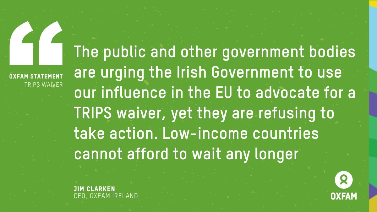 📢 Nearly 30,000 people have died every day from #COVID19 since WTO talks on a #TRIPSWaiver💉 began.

20 months later &amp; rich countries continue to refuse poorer countries to produce their own cheaper generic COVID-19 vaccines, tests &amp; treatments 💉

oxfamireland.org/blog/oxfam-ire…