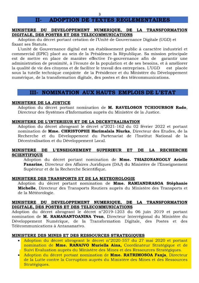 𝐂𝐨𝐧𝐬𝐞𝐢𝐥 𝐝𝐞𝐬 𝐌𝐢𝐧𝐢𝐬𝐭𝐫𝐞𝐬 𝐝𝐮 𝟎𝟖 𝐣𝐮𝐢𝐧 𝟐𝟎𝟐𝟐
✔️Madame RANAIVO Muriella Aina est nommée Coordinateur Stratégique et de Suivi Evaluation - MMRS
✔️Madame RATRIMOSOA Fanja est nommée Directeur de la Lutte contre la Corruption - MMRS
presidence.gov.mg/.../conseil-de…
