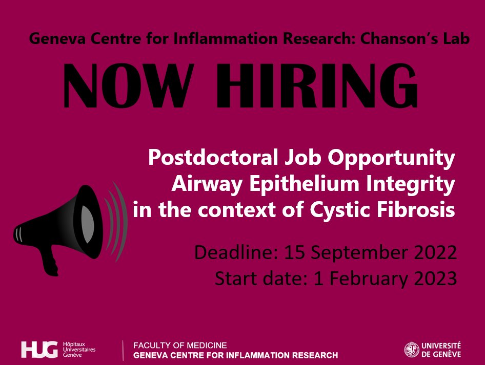 Are you a PhD interested in #CysticFibrosis? check out this #postdocposition at <a href="/GCIR_Unige/">Geneva Centre for Inflammation Research</a> member Pr. Marc Chanson's Lab! bit.ly/3xlGhRf
Until 15 September
#airways #epitheliumintegrity 
<a href="/UNIGEnews/">Université de Genève</a> @Hopitaux_unige