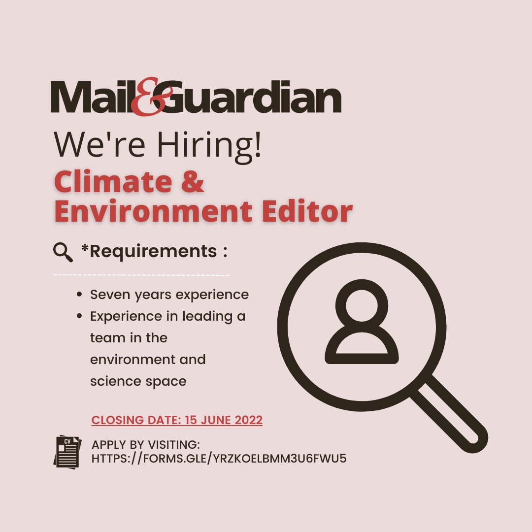 WE'RE HIRING! The M&amp;G is looking for a dynamic, climate and environment editor to lead the coverage of this vital specialist area.

Candidates are invited to apply by clicking on this link: forms.gle/YRzKoELbMM3u6F…