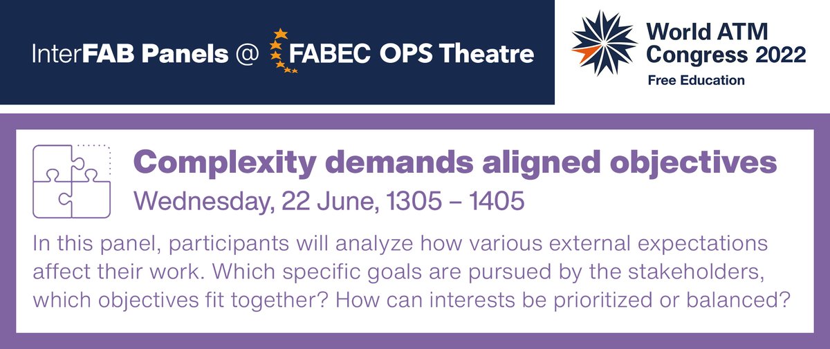 FABEC6's tweet image. Join us day two of #WATMC in the #FABEC Ops Theatre for the final #InterFAB discussion - Complexity demands aligned objectives. Stakeholder demands on our operations are growing continuously both quantitatively and qualitatively.   

#airtraffic #ATM #ANSP #WorldATMCongress2022