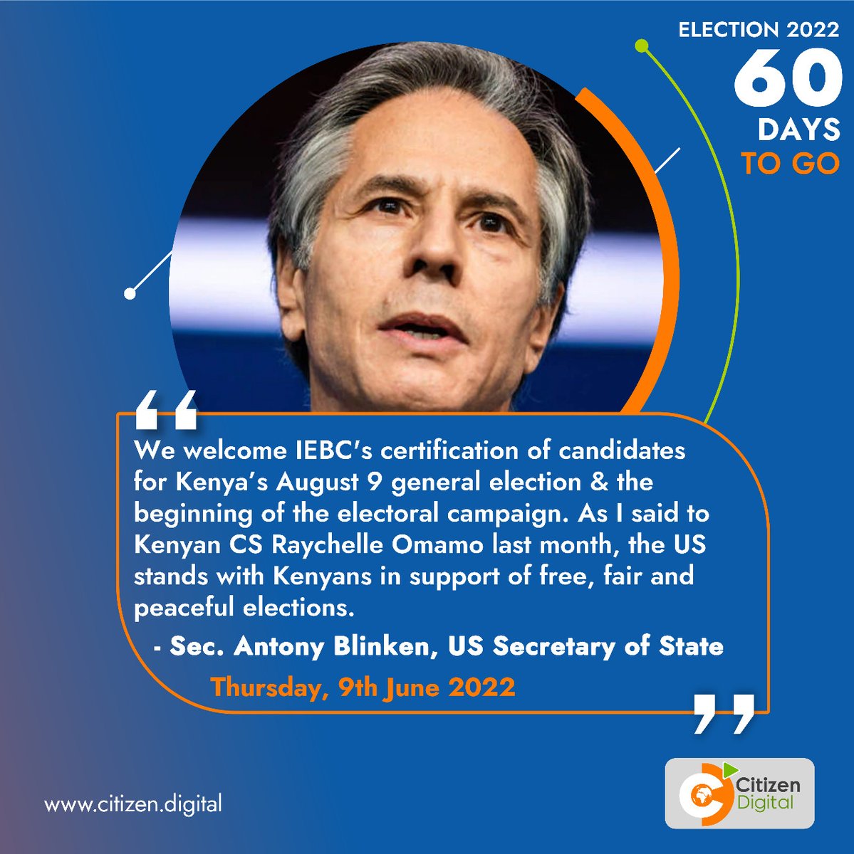 citizentvkenya's tweet image. US Secretary of State welcomes IEBC’s certification of candidates for Kenya’s August 9 general election &amp;amp; the beginning of the electoral campaign