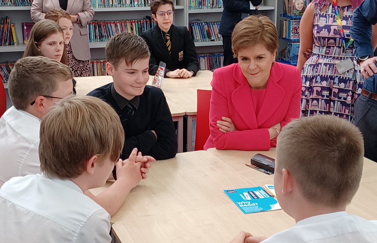 ScotGovFM's tweet image. First Minister @NicolaSturgeon congratulated all winners of @FMReadChallenge 2022 as she met with @PWKAcademy pupils who won the national Reading Inspiration Award.
She thanked all pupils, staff and parents who helped make this year’s challenge a success.
bit.ly/3O37y1l