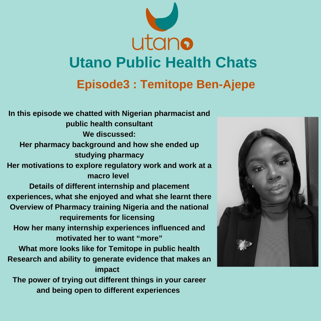 Episode 3 is out now!
Check out this great conversation we had with Temitope and let us know what you think!
#utanopublichealthpod #utanopublichealthchats #publichealth #publichealtheducation #pharmacy #Nigeria #globalhealth #womeninglobalhealth