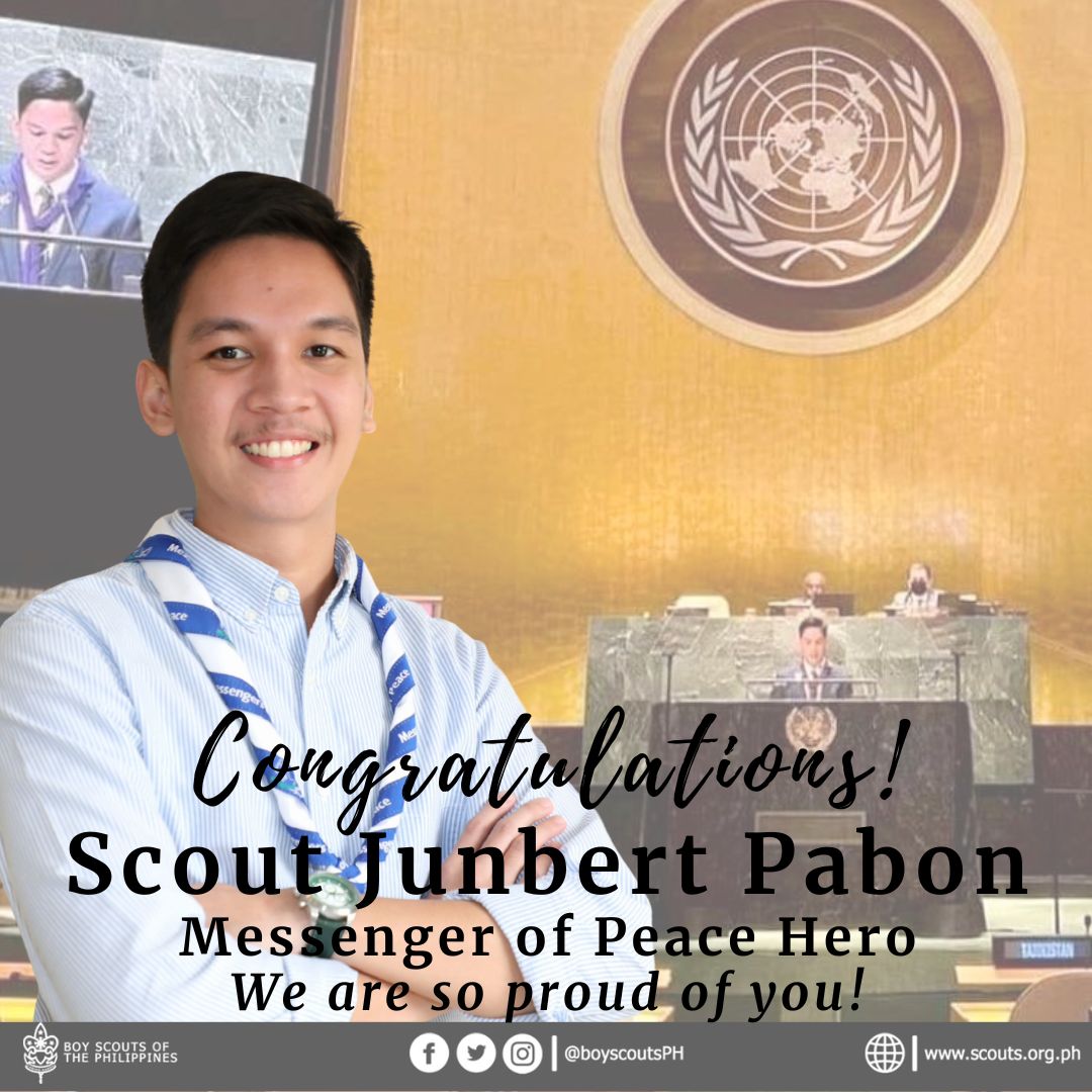 boyscoutsPH's tweet photo. The Boy Scouts of the Philippines salutes Messenger of Peace Hero Scout Junbert Pabon for representing the youth to the United Nations General Assembly, where he spoke about his experiences in helping rehabilitate children in conflict with the law by introducing them to Scouting. https://t.co/mzJH2oHojT