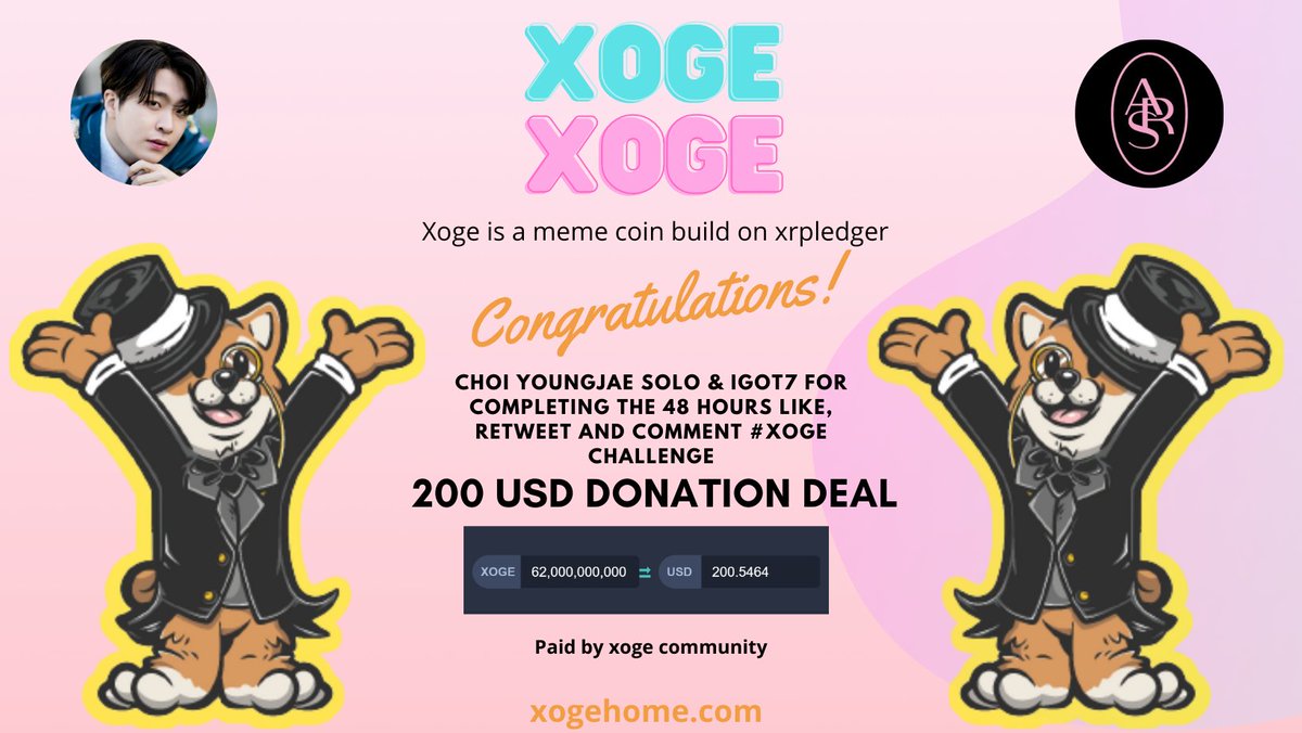 We would like to congratulate youngjae's fans and ahgases who successfully completed the donation deal by liking, retweeting and commenting the hashtag: #xoge in 48 hours

200 dollars will be sent to <a href="/with_CYJ333/">With Youngjae</a> team as a donation sponsored by the xoge community

<a href="/ClassyXoge/">Xoge</a>