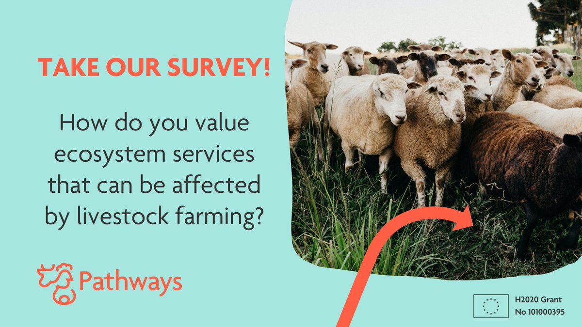 How do you value #EcosystemServices that can be affected by #LivestockFarming?
🌳 Recreation
 🪶   Biodiversity
🌄 Aesthetics
🥘 Food 
  🪵  Raw materials

📢 We want to hear from you! 
PATHWAYS launched a survey available in 10 languages:
✅pathways-project.com/survey-on-live…