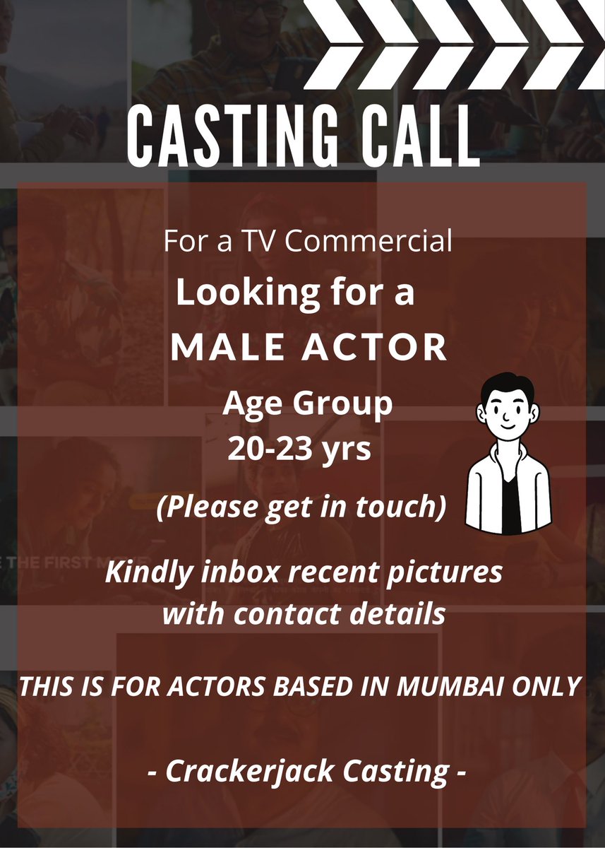CastCrackerjack's tweet photo. #castingcall 📢

-Casting for a TVC

Looking for a male actor
-Age - 20 to 23 years old
-Mumbai Only

Kindly Inbox pictures with contact details. 

Thankyou.

#cast #casting #actor #bengali #bengaliactor #tvc #ad https://t.co/pVvlW3DsDF