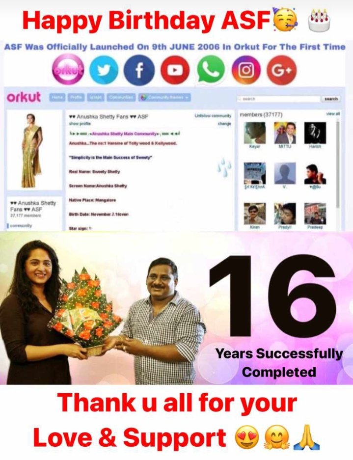 sweetyanushkafc's tweet photo. #16YearsOfASF !!!🥳❤️💕 ASF was launched 16 years ago on 9/6/2006 by #Hemchand bro in Orkut! Many thanks to Annaya for starting #TeamASF & connecting fans; for being so kind, positive and supportive; & helping so many @MsAnushkaShetty fans meet her!❤️ #HappyASFDay #AnushkaShetty https://t.co/ubcCNRuKzz
