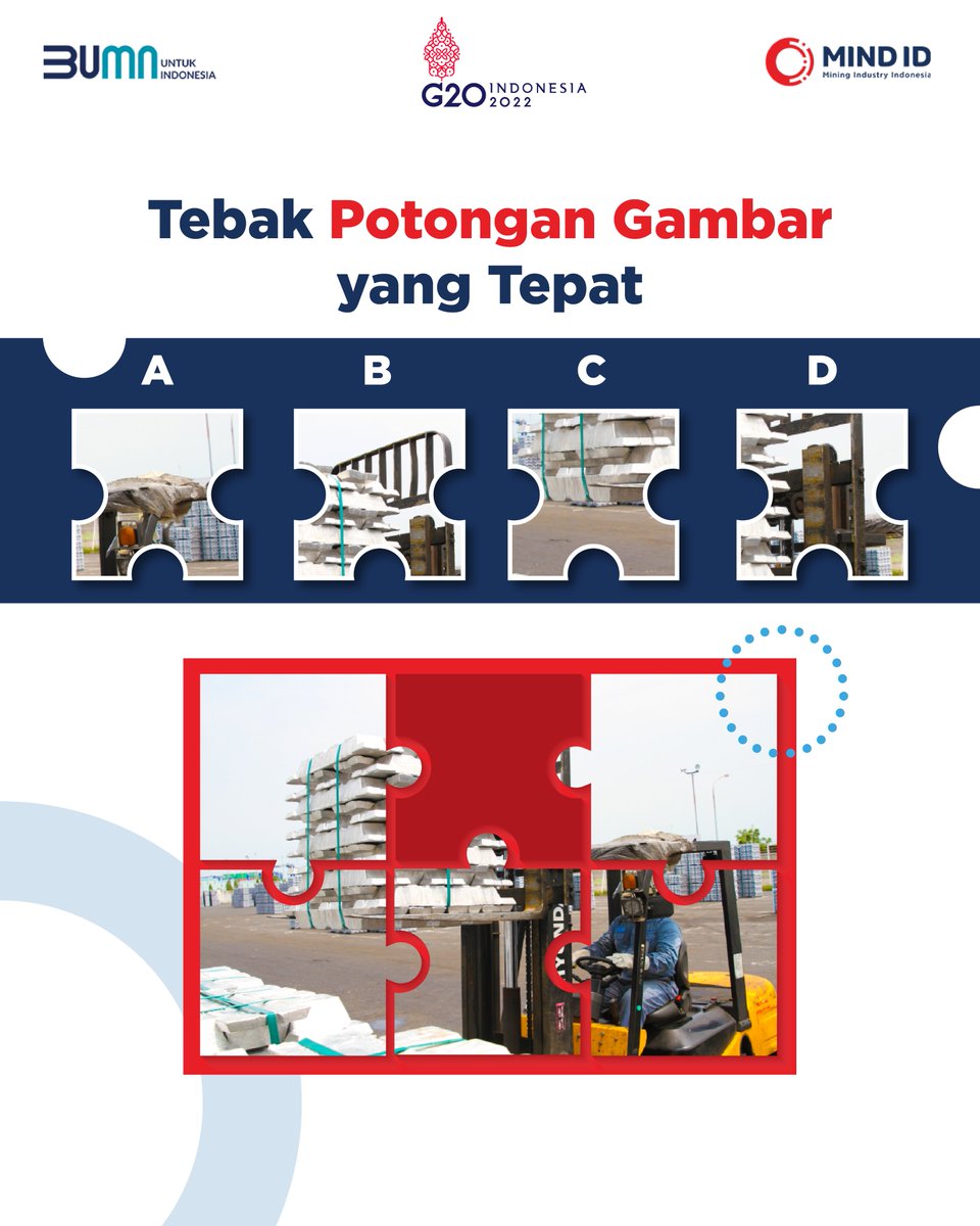 Tebak potongan gambar mana yang tepat untuk melengkapi gambar di atas?
Tulis jawaban kamu di kolom komentar ya! 3 pemenang beruntung akan mendapatkan hadiah menarik dari MIND ID.

#MiningForLife #MINDID #MINDIDUntukNegeri #SmartMining