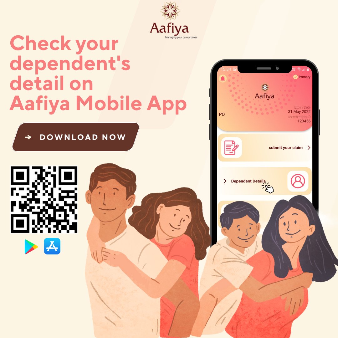 Get access to your dependant's details on just one platform!

#AafiyaMobileApp #DependentDetails #MobileApp #Health #Managing #Care #Process #OnTheGo #Easy #downloadnow
