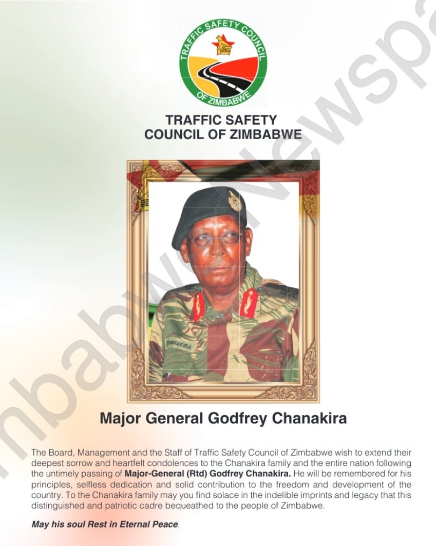 The Herald would like to unreservedly apologise to the family of Maj Gen (Rtd) Chanakira, the Zimbabwe National Army &amp; TSCZ for the error made on an advertisement by Traffic Safety Council of Zimbabwe offering condolences to the late National Hero, Maj-Gen Godfrey Chanakira....