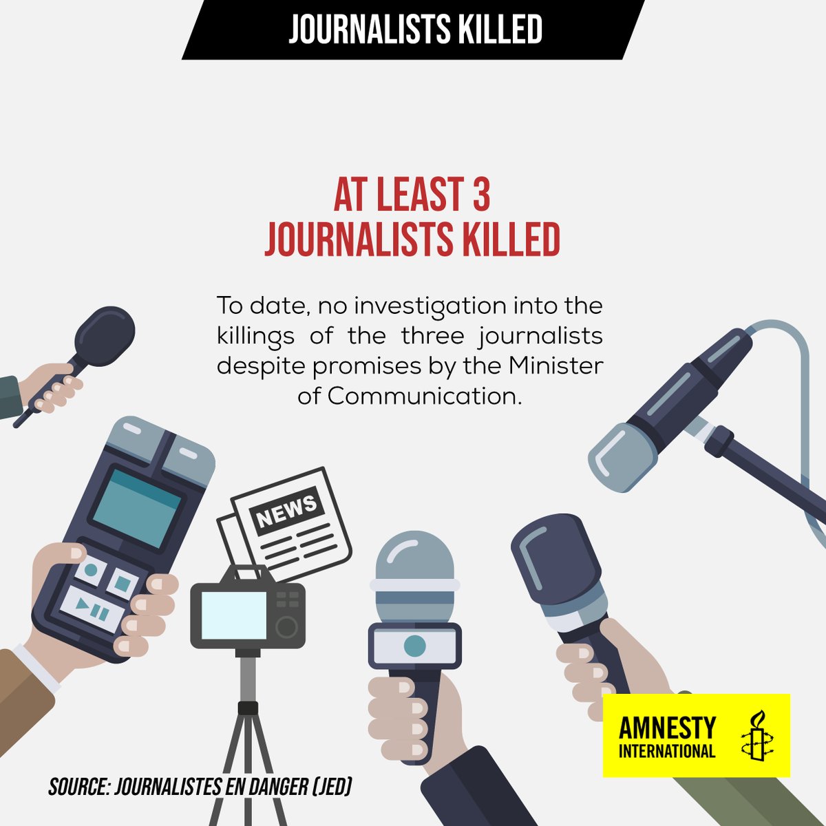 AIWestCenAfrica's tweet photo. #DRC: 3 journalists have been killed since the beginning of the #StateofSiege in North Kivu and Ituri. @PatrickMuyaya, #GoDRC spokesperson promised a commission of inquiry. To date, no such commission has been established. No investigation conducted. #JusticeFreedomsUnderSiege https://t.co/P8DO7WRWsq